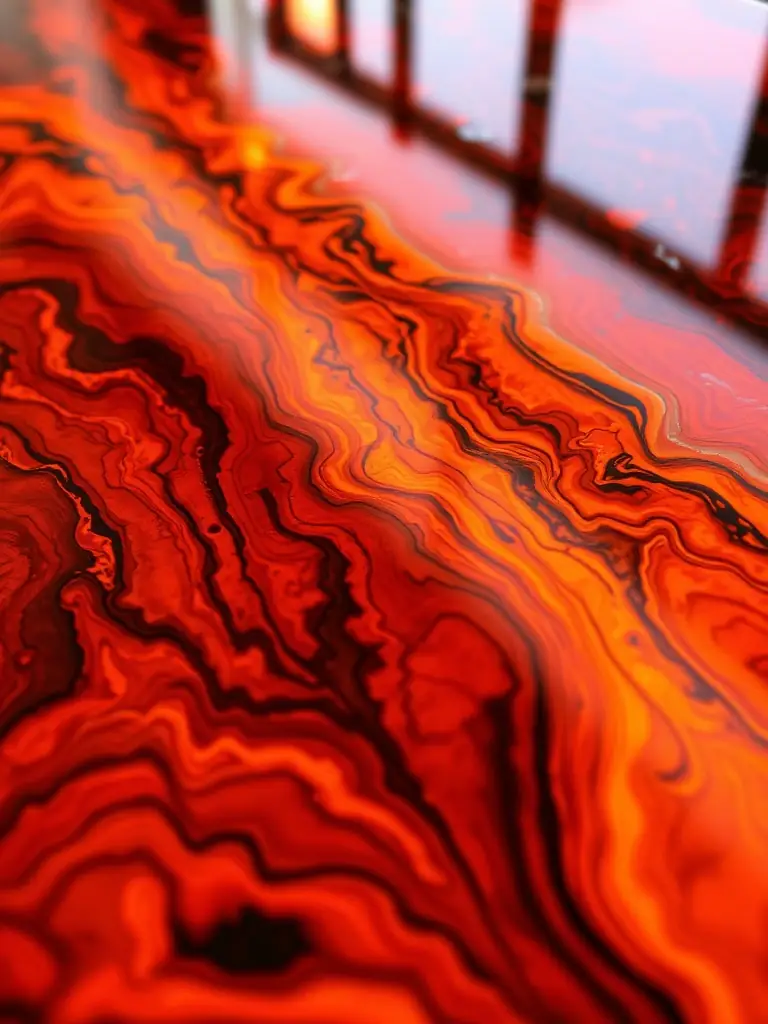 A close-up shot of a finished epoxy table with a unique 'fire epoxy' finish, demonstrating the innovative techniques and artisanal craftsmanship of EpoxyTableFactory.com's manufacturers.