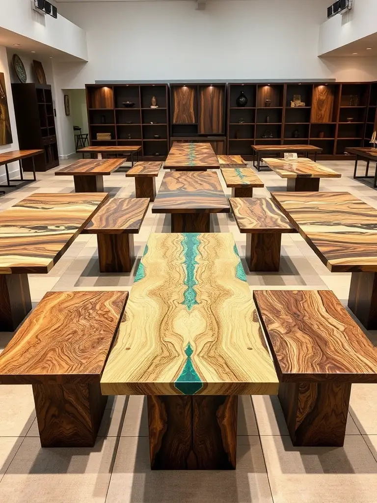 A high-quality image showcasing a variety of epoxy table samples, highlighting different wood types, resin colors, and design styles, arranged neatly on a display table in a well-lit showroom.