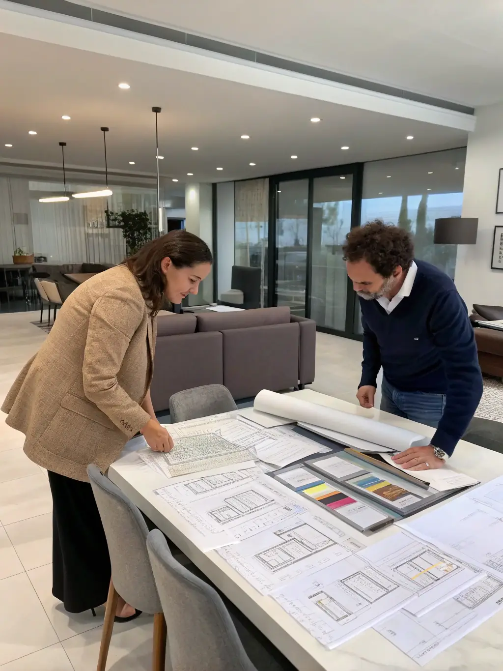 A photo of a design meeting between a client and a factory representative, discussing custom table specifications with sketches and material samples laid out on the table.