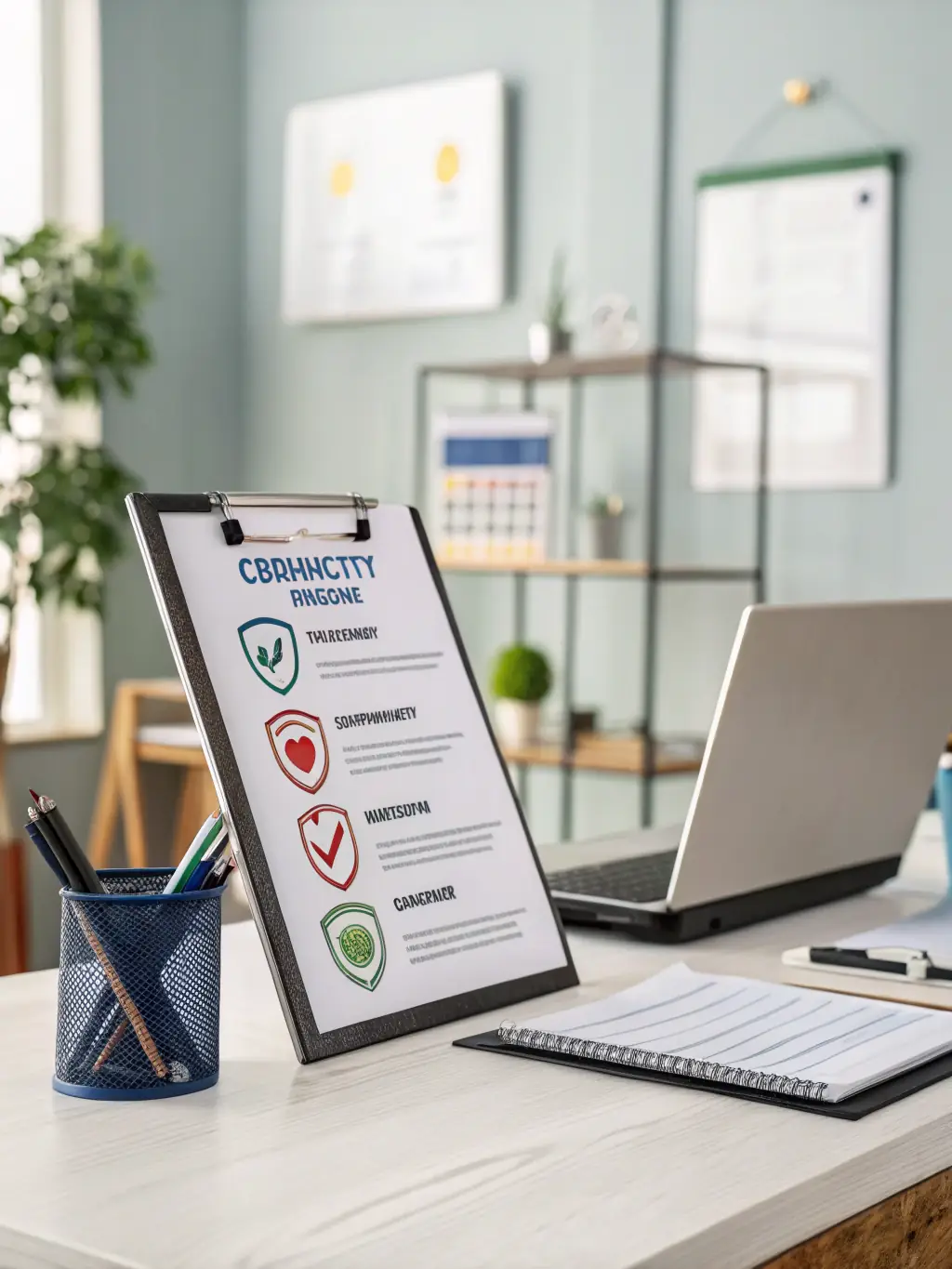 An image of a BIFMA/GREENGUARD certification guide, with a focus on the certification logos and a clean, professional layout, placed on a desk with a laptop in the background.