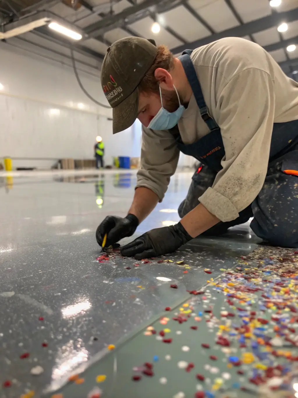 A photograph of a craftsman carefully pouring vibrant blue epoxy resin into a custom-designed river table mold, showcasing the bespoke design service offered by EpoxyTableFactory.com.