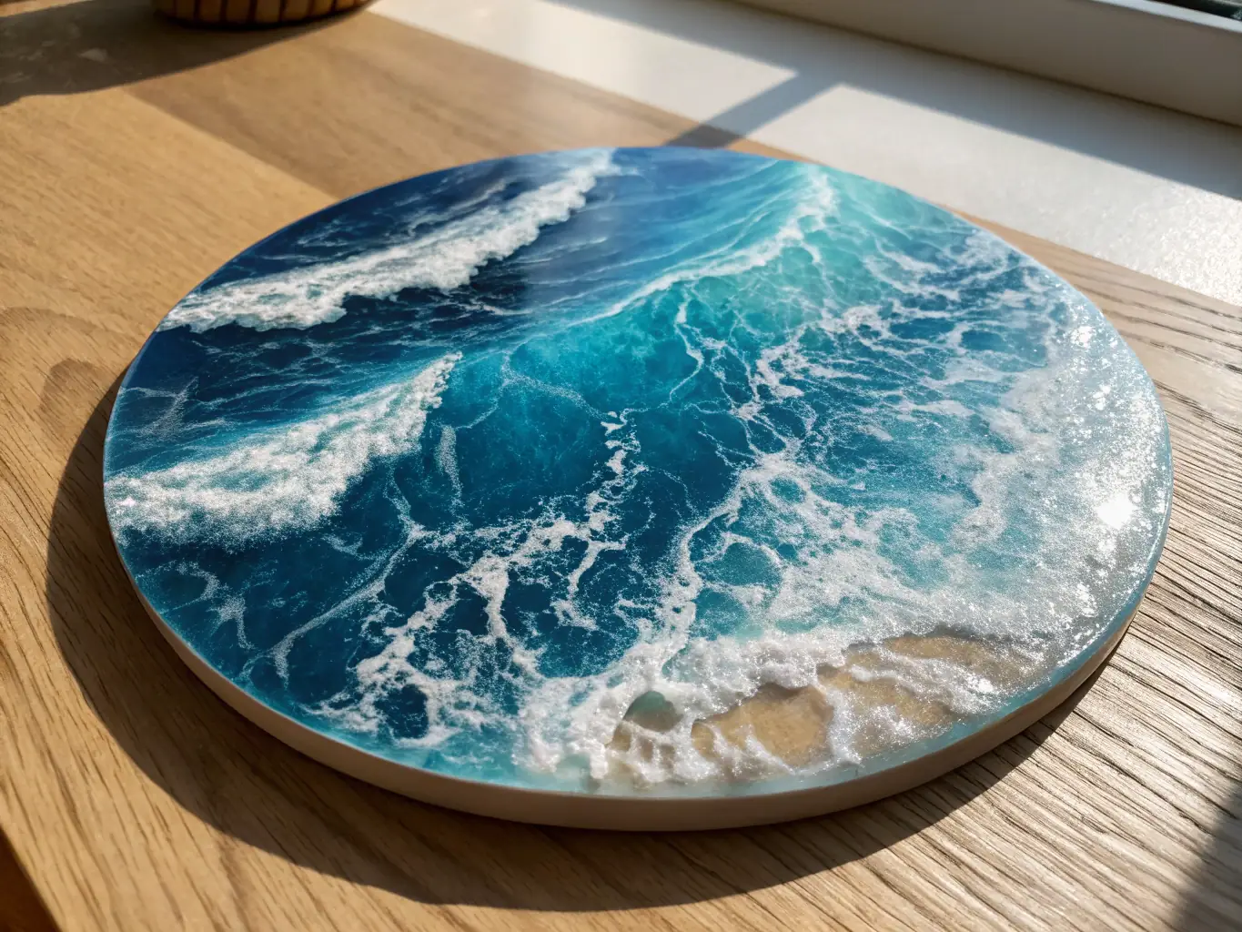 A wide-angle shot of a blue ocean-themed epoxy table with embedded seashells and sand, creating a realistic and captivating underwater scene.