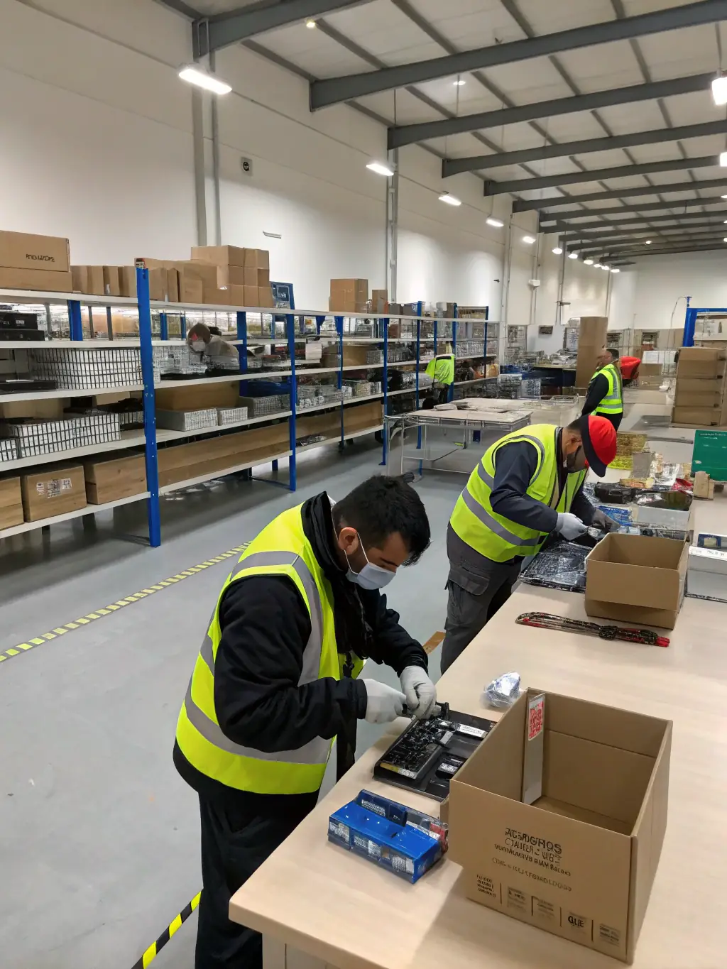A photo of a modern furniture factory floor with workers assembling epoxy tables, highlighting the OEM/ODM solutions available through EpoxyTableFactory.com.
