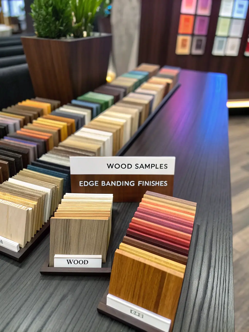 A photograph showcasing a variety of epoxy-wood table samples with different resin colors, wood types, and edge designs, demonstrating the range of customization options available.