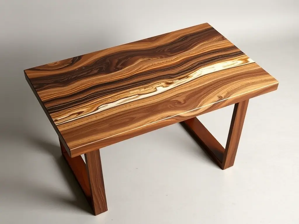 A close-up, high-resolution shot of a live-edge walnut epoxy table with a clear, glossy resin finish, highlighting the natural wood grain and the seamless integration of the epoxy.