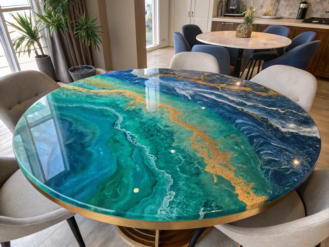 A detailed image of a fire epoxy table with vibrant red and orange hues, showcasing the unique and mesmerizing patterns created by the fire epoxy technique.