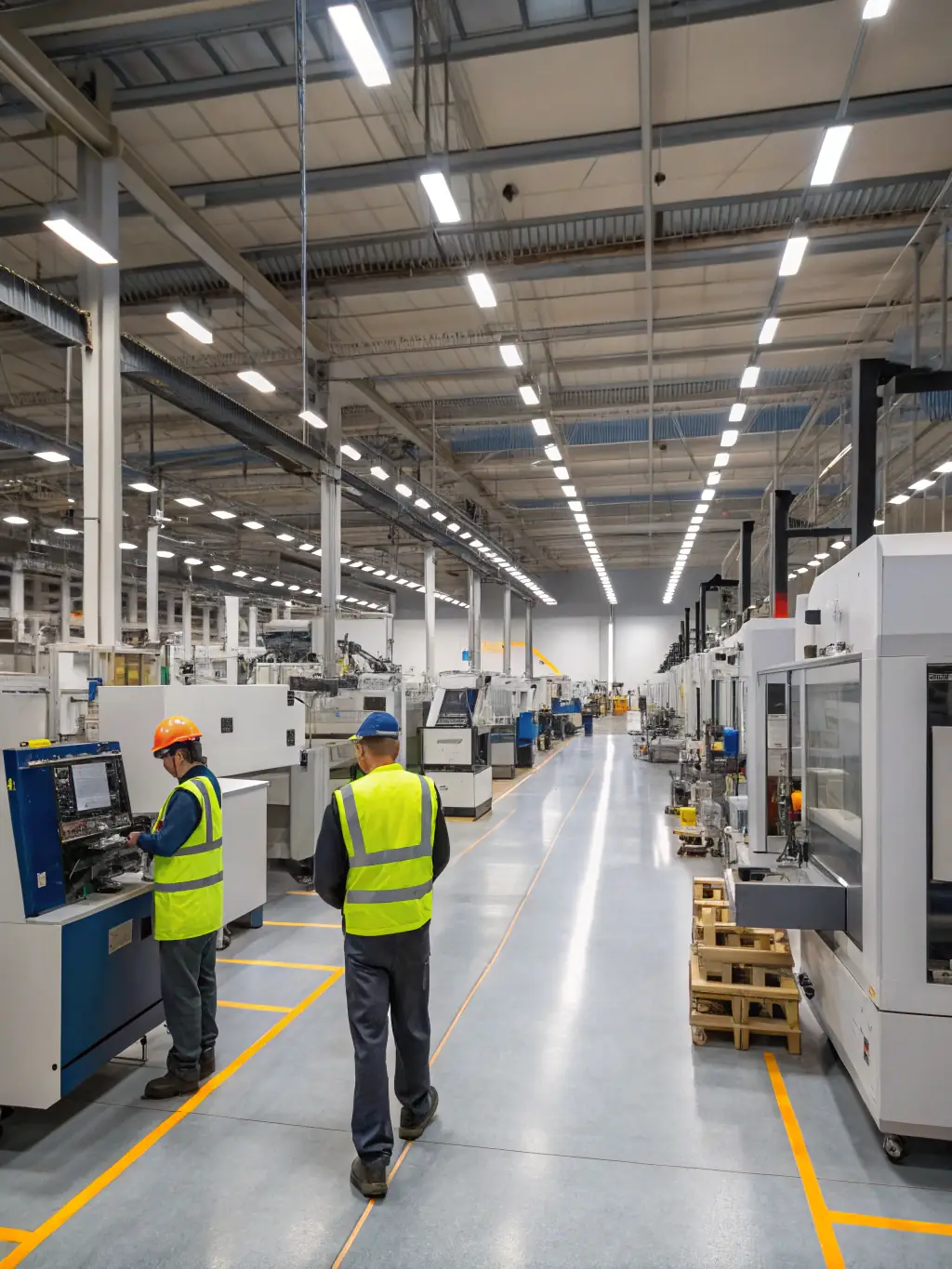 A photo of a production line in a modern factory, showing epoxy-wood tables being manufactured with precision machinery and skilled craftsmanship.