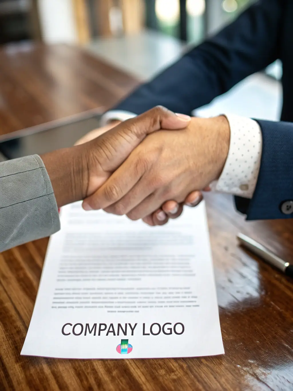 A graphic illustrating the process of MOQ negotiation, showing two hands shaking over a contract, with charts and graphs representing production costs in the background.